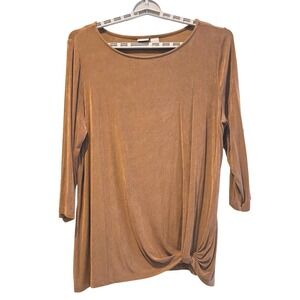 CHICO'S Travelers Brown 3/4 Sleeve Twist Front Tunic Top Shirt Women Size 3 (16)